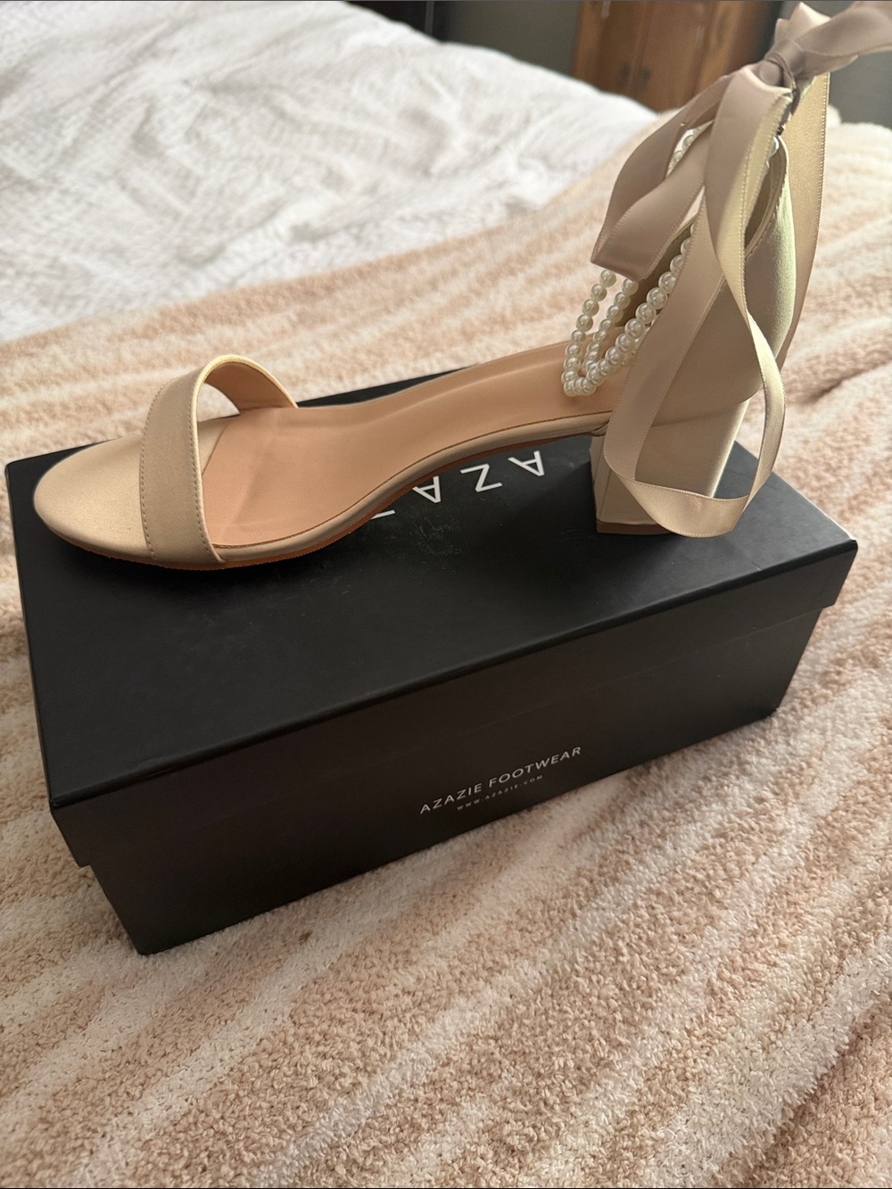 Azazie Beige Ankle-Tie Pearl Block Heel Sandal